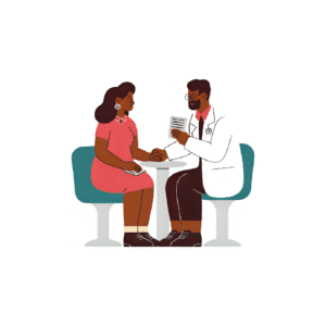 Accompagnement d'une patiente lors d’un échange avec un médecin, illustrant le suivi post-consultation avec bienveillance et clarté."