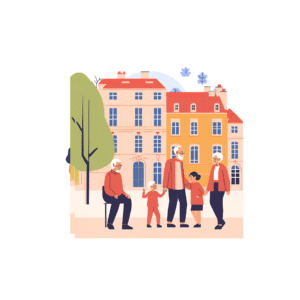 Personnes âgées entourées d’enfants et de soignants dans un quartier résidentiel à Lyon – illustration du suivi à distance des seniors par LyonMedCare