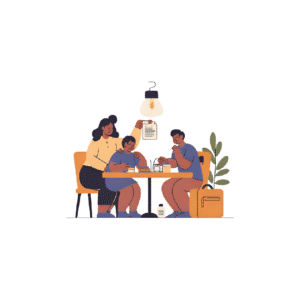 Illustration vectorielle de trois personnes discutant autour d’un plan de soins à domicile après une hospitalisation