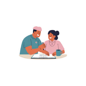 Professionnel de santé discutant avec une patiente pour construire un accompagnement médical personnalisé, carnet ouvert sur la table