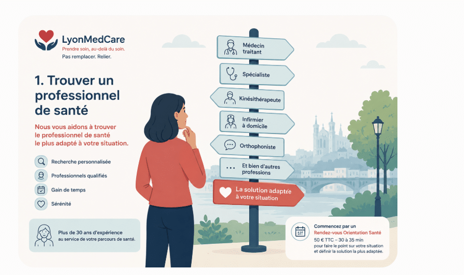 Illustration représentant une personne recherchant un professionnel de santé à Lyon avec l'accompagnement personnalisé de LyonMedCare.