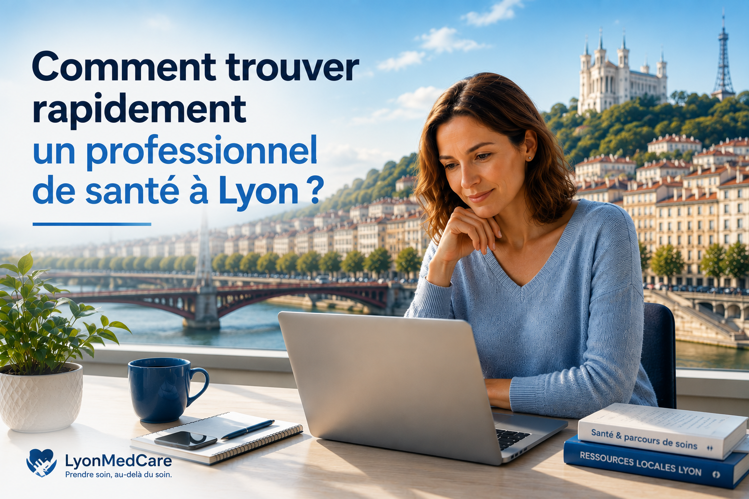 comment-trouver-professionnel-sante-lyon-lyonmedcare.png Femme recherchant un professionnel de santé sur un ordinateur à Lyon – illustration LyonMedCare