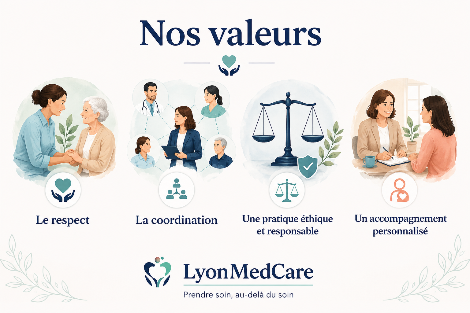 Les valeurs de LyonMedCare Illustration des valeurs de LyonMedCare : respect, coordination, pratique éthique et accompagnement personnalisé.