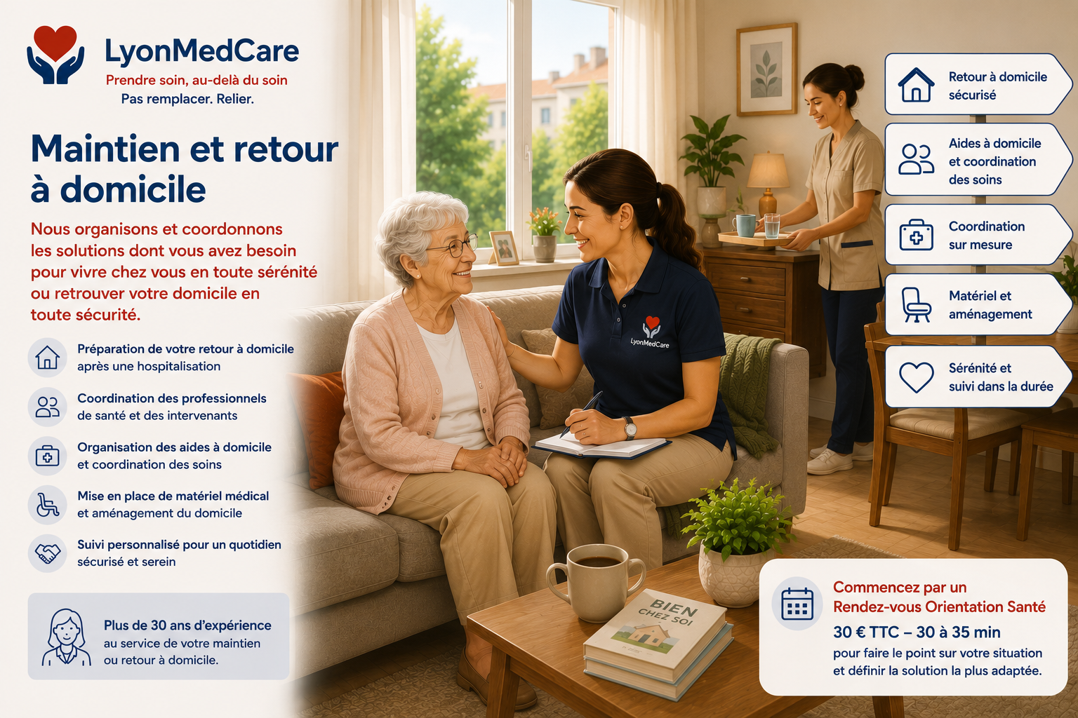 Maintien et retour à domicile – LyonMedCare Illustration du service de maintien ou de retour à domicile de LyonMedCare : coordination des professionnels de santé, aides à domicile, organisation des soins et accompagnement personnalisé pour favoriser un maintien à domicile sécurisé.