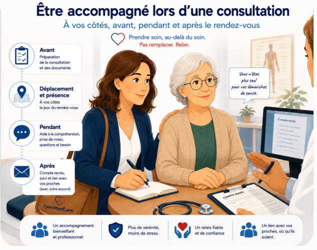 Accompagnement lors d'une consultation – LyonMedCare Accompagnement personnalisé lors d'une consultation médicale à Lyon par LyonMedCare.