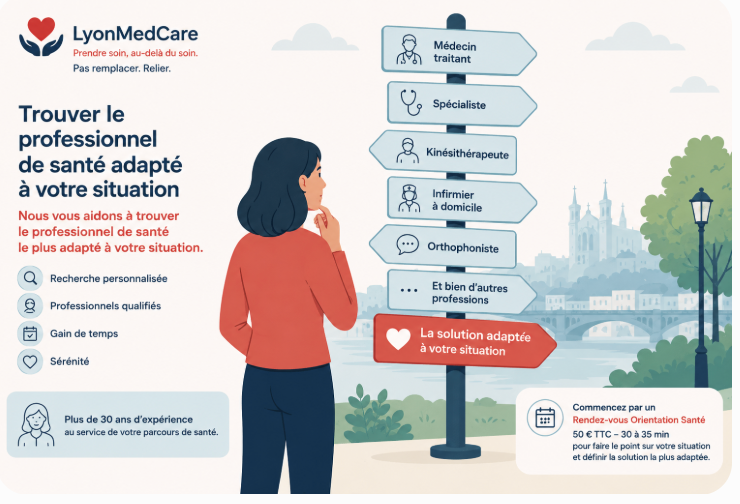 Illustration – Trouver un professionnel de santé à Lyon llustration représentant une personne recherchant un professionnel de santé à Lyon avec l'accompagnement personnalisé de LyonMedCare.